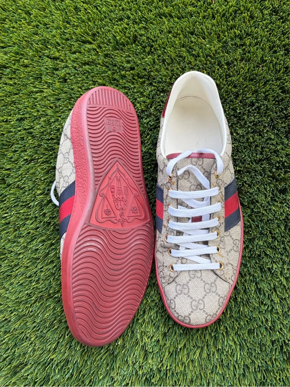 Gucci Beige GG Canvas Sneakers with Red & Navy Web Stripe